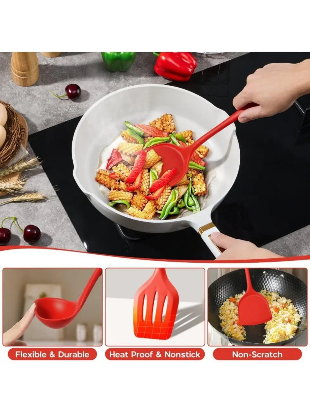 10-Piece Red Silicone Cooking Utensils Set | Non-Toxic, Heat-Resistant Kitchen